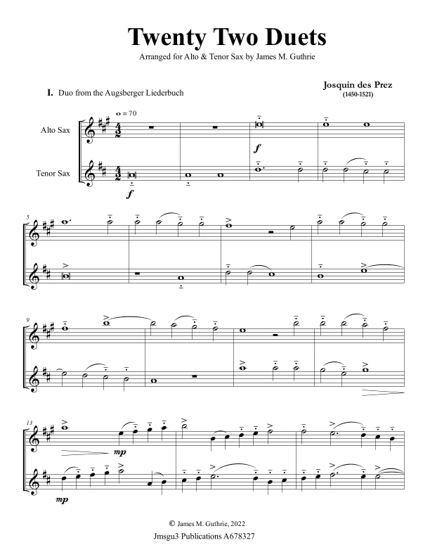 Josquin: 22 Duets for Alto & Tenor Sax (arr. James M. Guthrie)