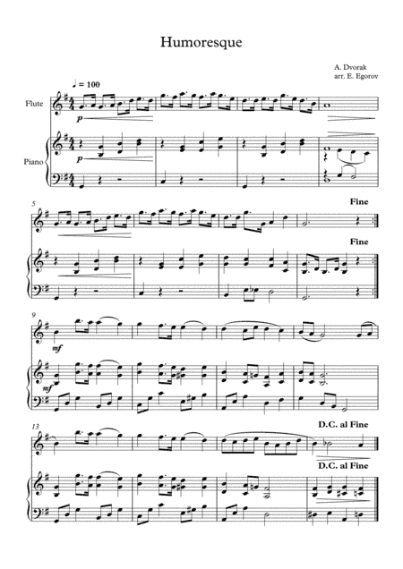 Humoresque, Antonin Dvorak, For Flute & Piano (arr. Eugene Egorov)