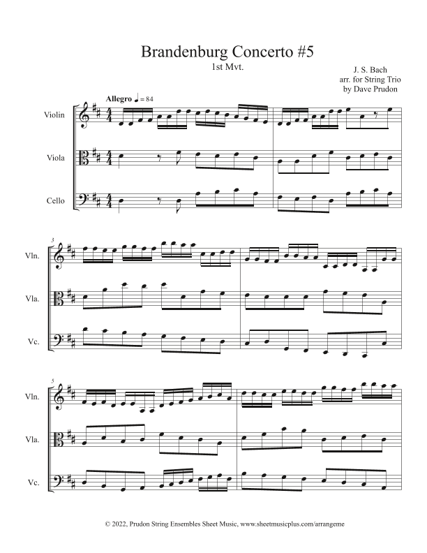 Brandenburg Concerto #5, 1st. Mvt. for String Trio (arr. Dave Prudon)