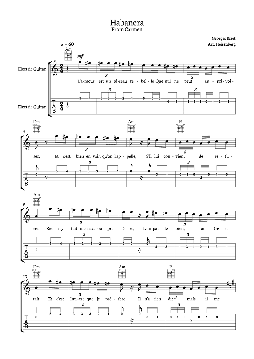 Habanera from Carmen for Eletric Guitar with tab and chords. (arr. Heisenberg)
