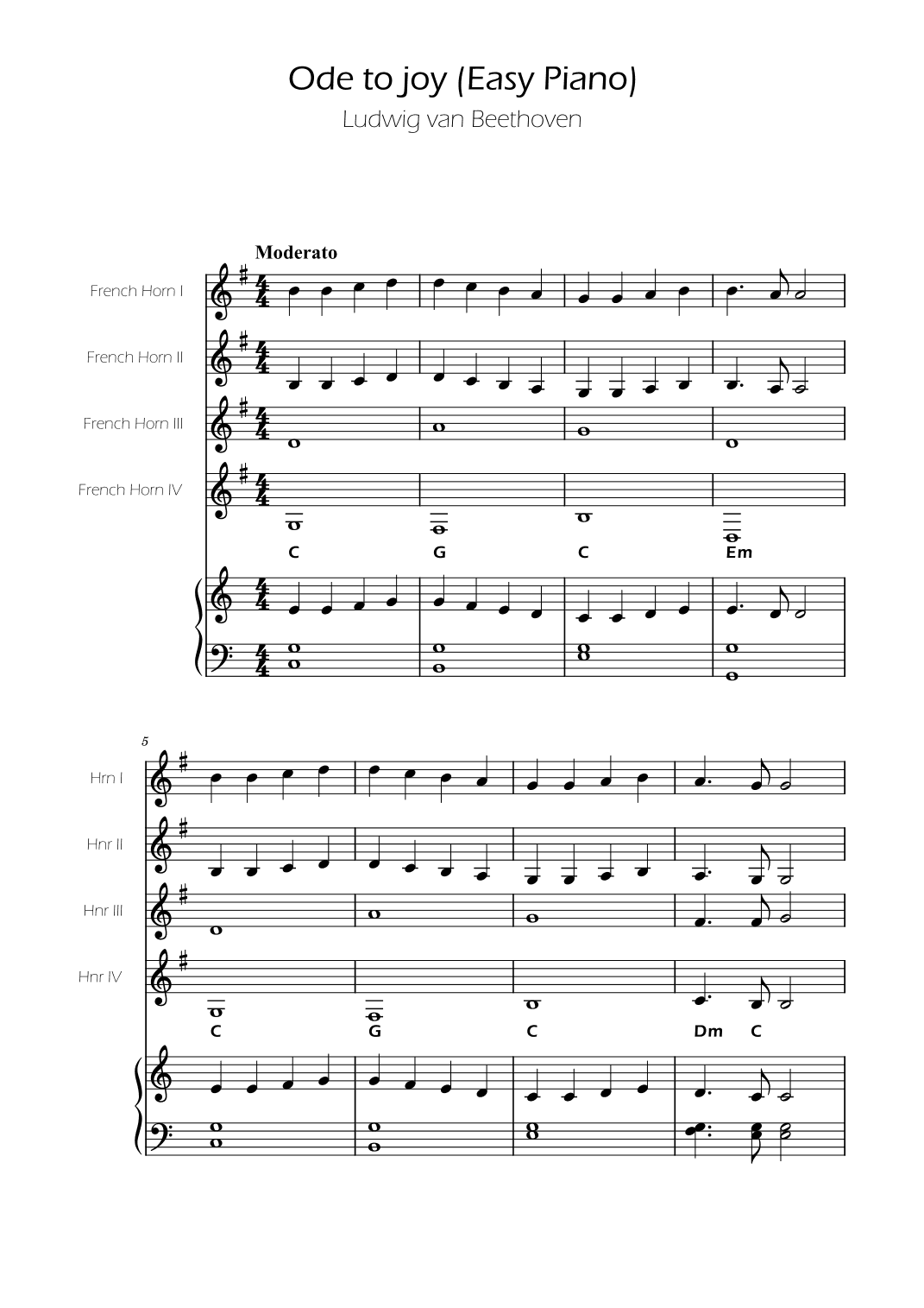 Ode To Joy - Easy French Horn Quartet w/ piano accompaniment (arr. Ygor Nunes)