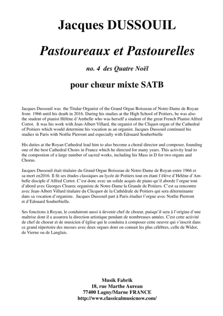 Jacques Dussouil: "Pastouroux et Pastourelles" from Quatre Noëls for SATB mixed chorus