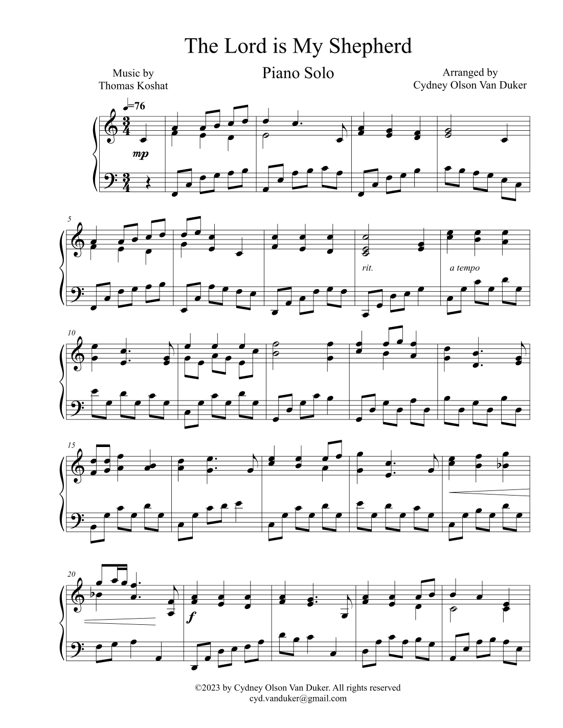 The Lord is My Shepherd piano solo (arr. Cydney Olson Van Duker)