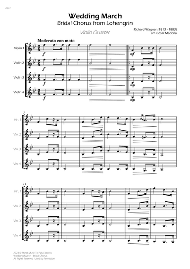Wedding March (Bridal Chorus) - Violin Quartet (Full Score) - Score Only (arr. César Madeira)