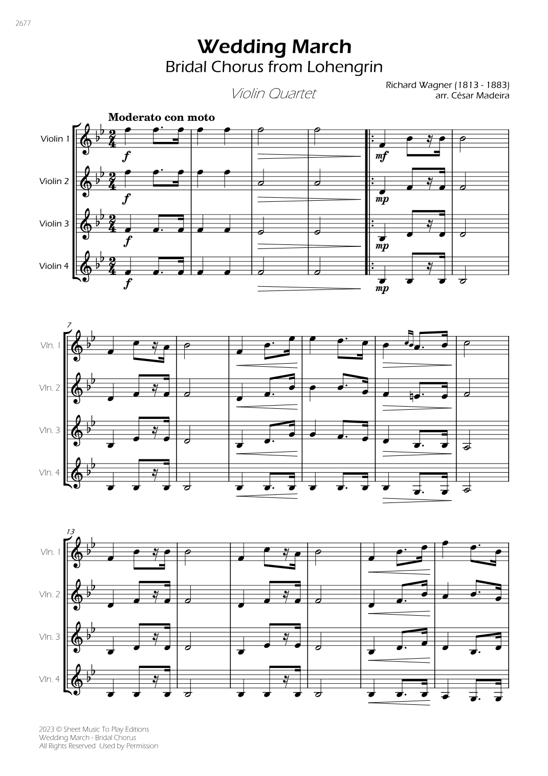 Wedding March (Bridal Chorus) - Violin Quartet (Full Score) - Score Only (arr. César Madeira)