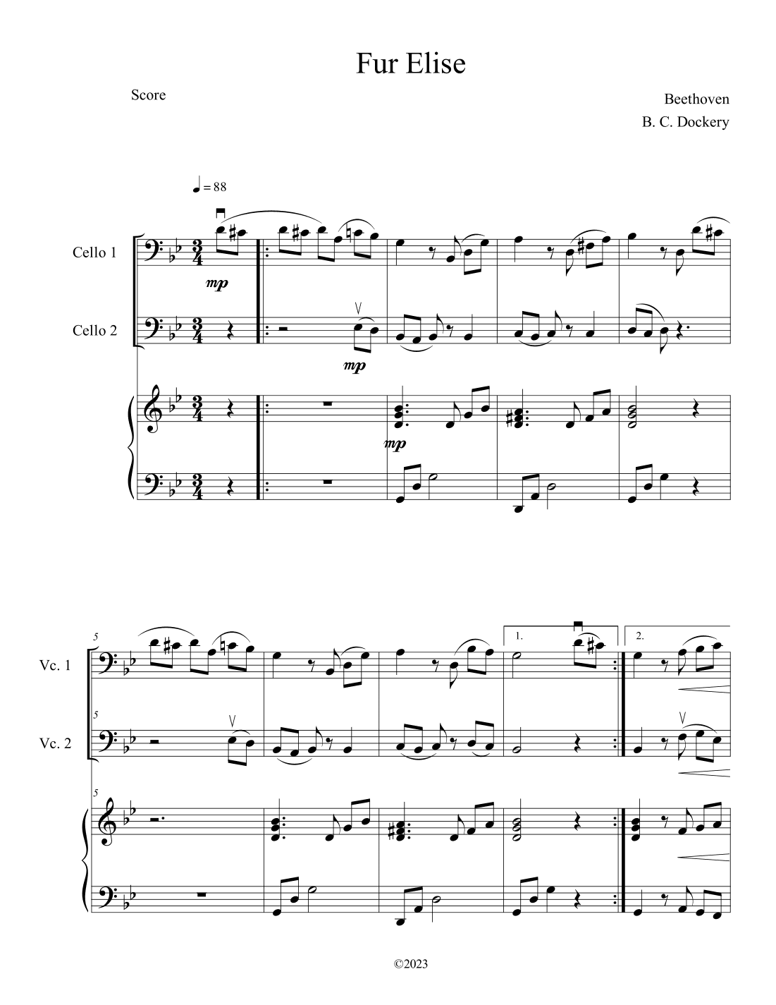 Fur Elise (Cello Duet with Piano Accompaniment) (arr. B. C. Dockery)