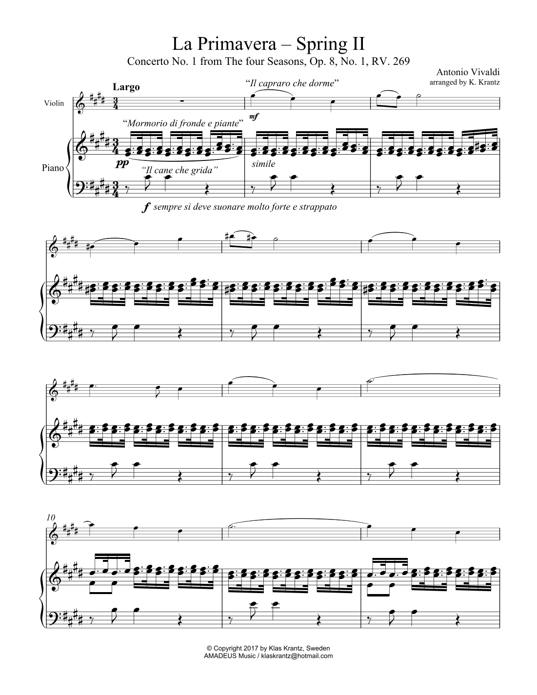 Largo (ii) from La Primavera (Spring) RV. 269 for violin and piano (arr. K. Krantz)