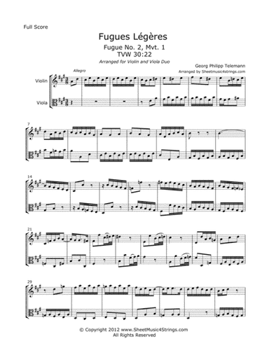Telemann, G. - Fugues Legeres for Violin and Viola (arr. Linda M. Scott)