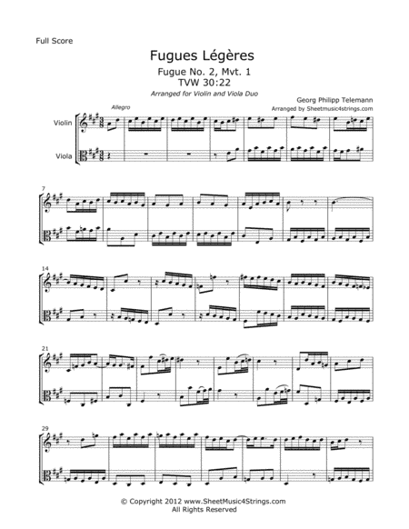 Telemann, G. - Fugues Legeres for Violin and Viola (arr. Linda M. Scott)
