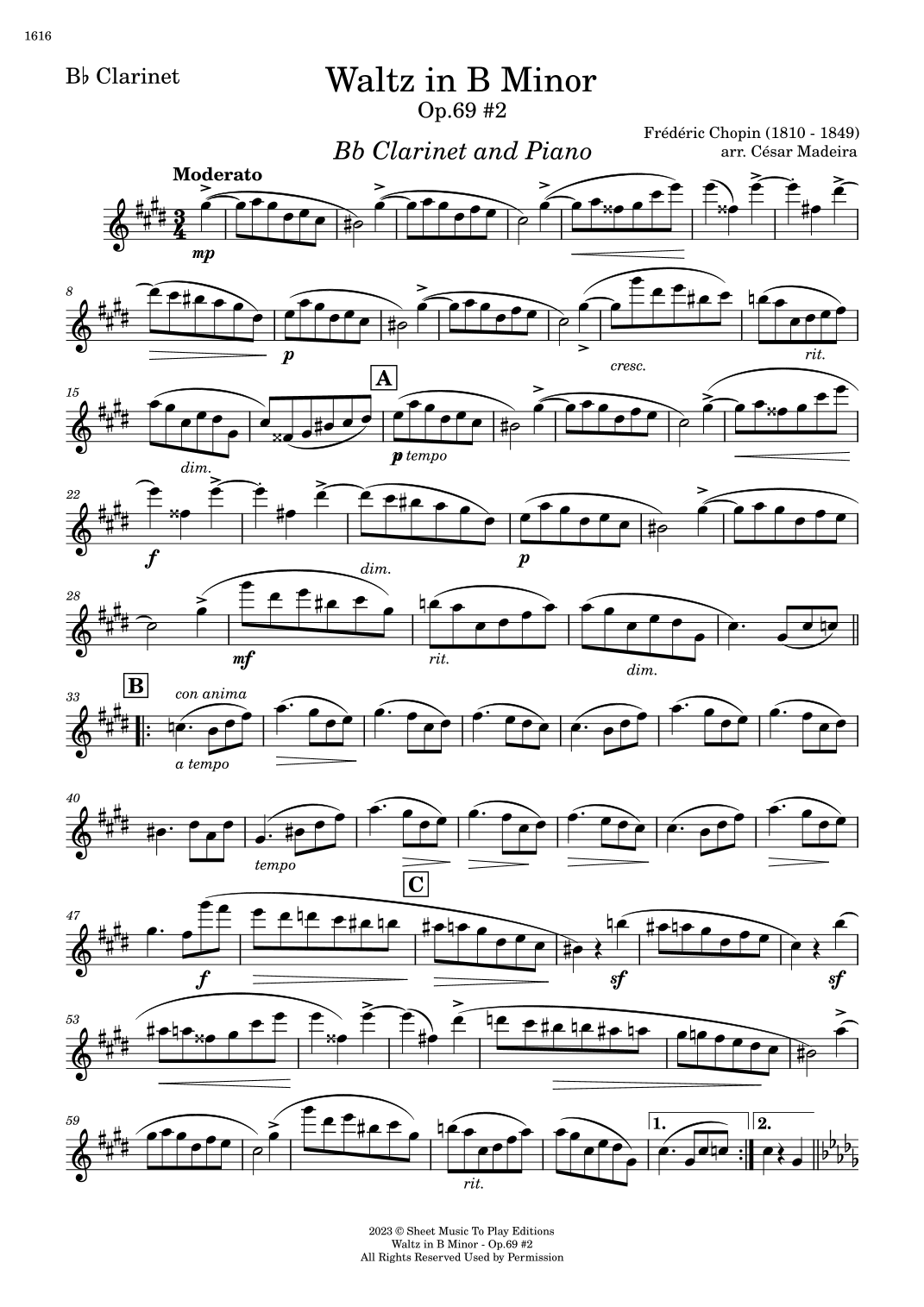 Waltz Op.69 No.2 in B Minor by Chopin - Bb Clarinet and Piano (Individual Parts) (arr. César Madeira)