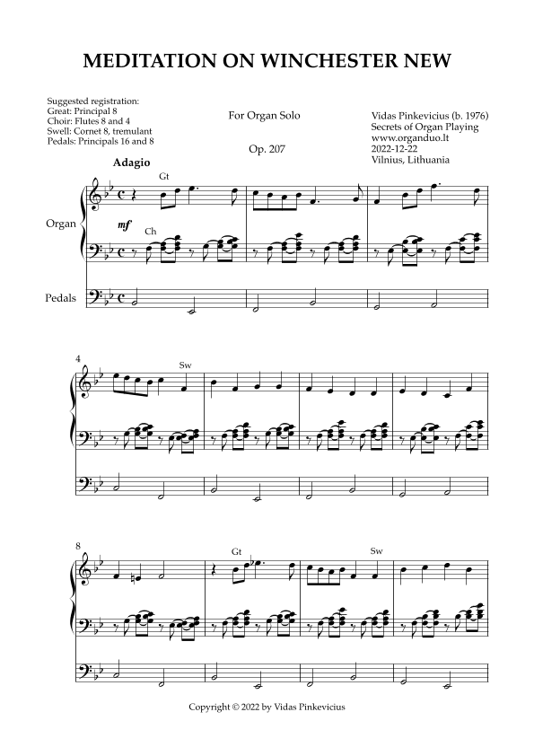 Meditation on Winchester New, Op. 207 (Organ Solo) by Vidas Pinkevicius