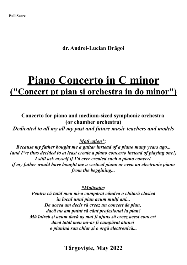 Piano Concerto in C minor ("Concert pt pian si orchestra in do minor") - full score&parts (272 pag) (arr. Andrei-Lucian Drăgoi)