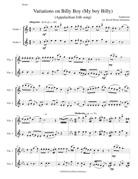 Variations on Billy Boy (My boy Billy) for 2 violins (arr. David Warin Solomons)