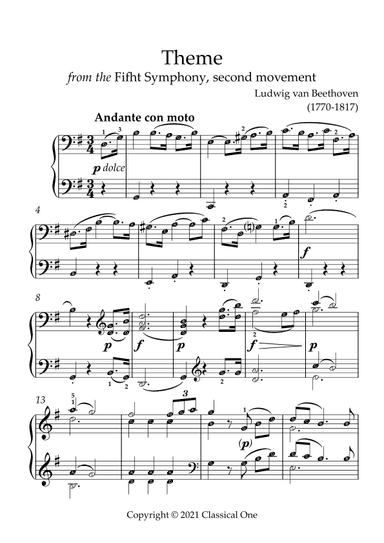 Beethoven - Fifth Symphony Theme (mvt.2)(With Note name) (arr. MPS)