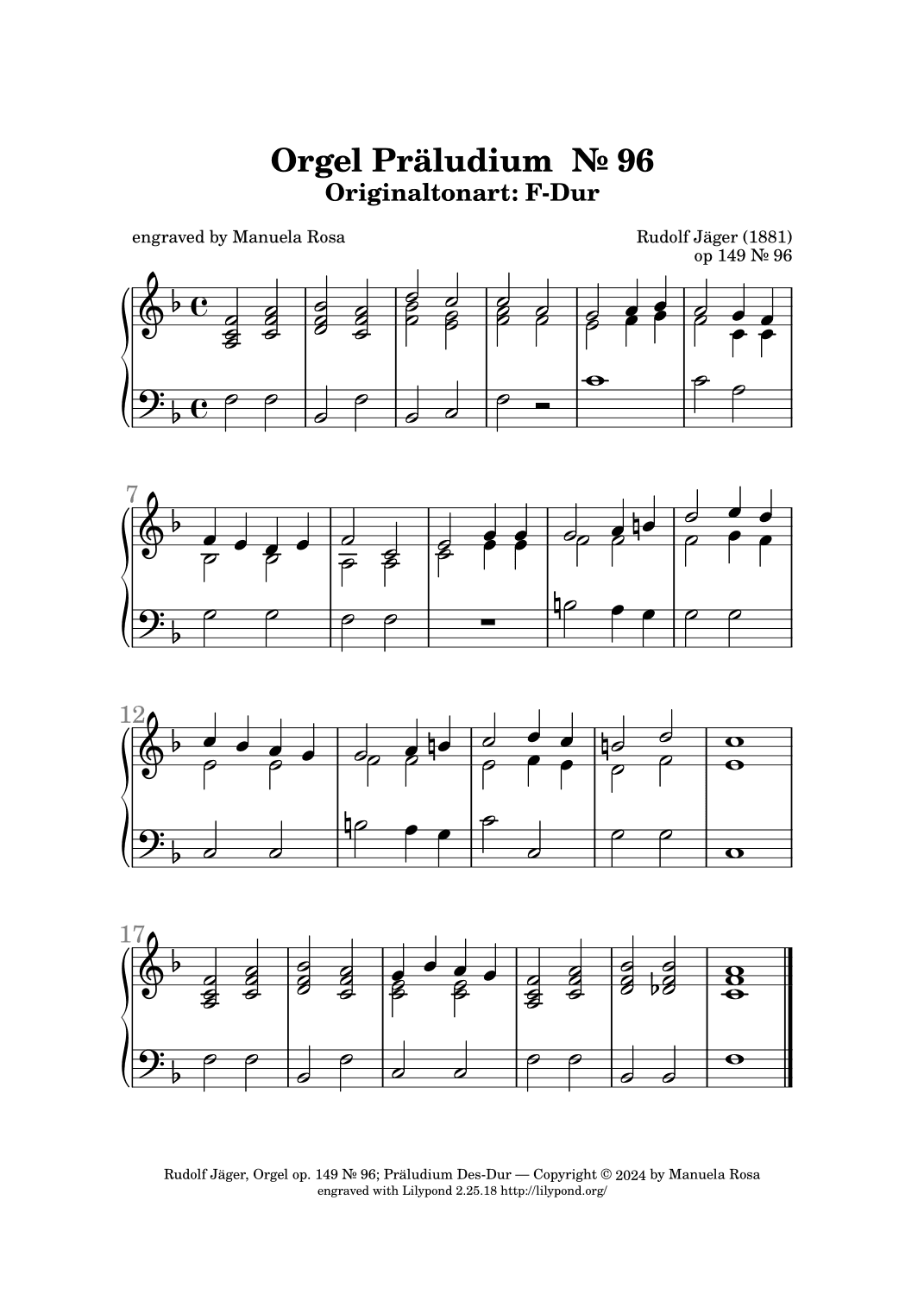Orgel Präludium Nr. 96 op. 149 F-Dur (Rudolf Jäger) (arr. Manuela Rosa)