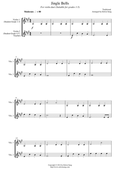 Jingle Bells (for violin duet, suitable for grades 1-5) (arr. Edwin Sung)