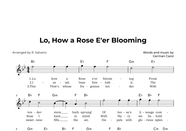 Lo, How a Rose E'er Blooming (Key of B-Flat Major) (arr. R. Salvario)