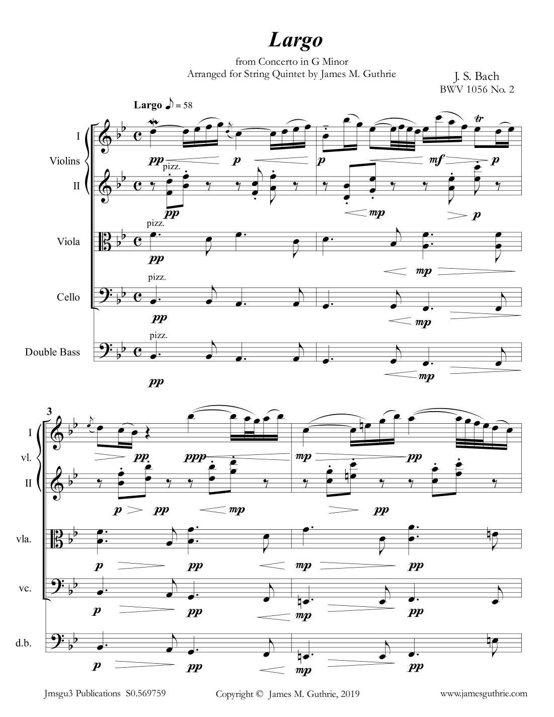 Bach: Largo from Concerto BWV 1056 for String Quintet (arr. James M. Guthrie)