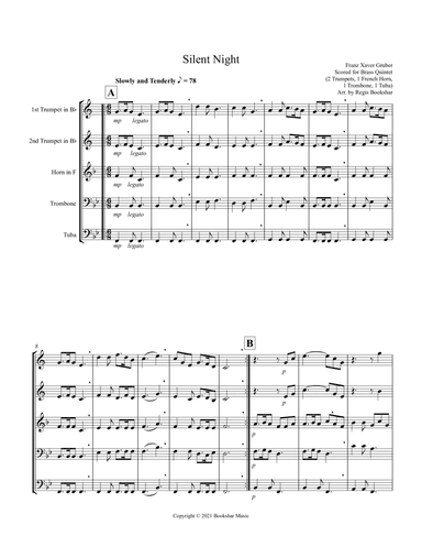 Silent Night (Bb) (Brass Quintet - 2 Trp, 1 Hrn, 1 Trb, 1 Tuba) (arr. Regis Bookshar)