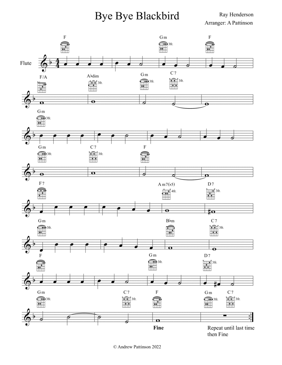 Bye Bye Blackbird for flute with guitar chords (arr. Andrew Pattinson)