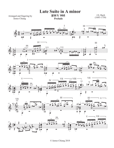 Bach - Lute Suite in A minor (BWV 995) for classical guitar (arr. James Chiang)