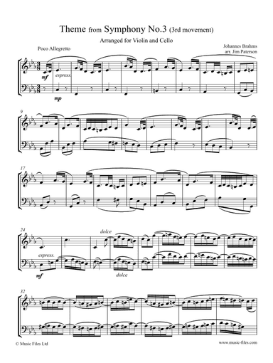 Brahms' 3rd Symphony, Theme from 3rd movement - arranged for Violin & Cello (arr. Jim Paterson)