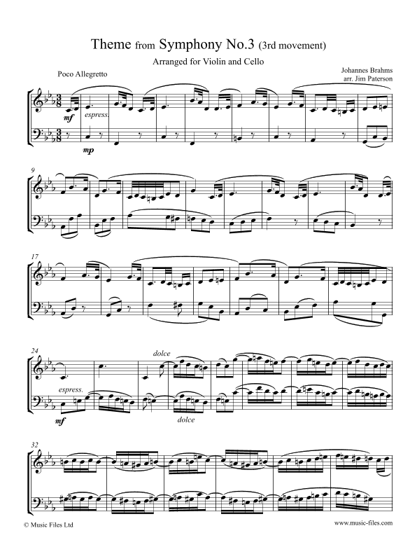 Brahms' 3rd Symphony, Theme from 3rd movement - arranged for Violin & Cello (arr. Jim Paterson)