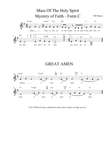 Mystery of Faith Form C (Save Us, Savior....) and Great Amen (Mass of the Holy Spirit) leadsheet