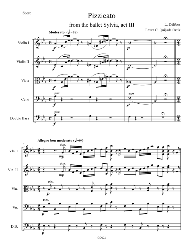 Pizzicati, from the ballet "Sylvia". String orchestra, intermediate level. Score & parts. (arr. Laura C. Quijada Ortíz)