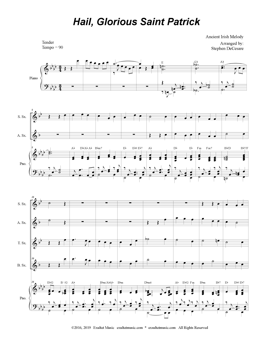 Hail, Glorious Saint Patrick (Saxophone Quartet and Piano) (arr. Stephen DeCesare)