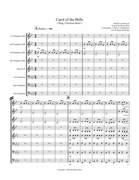 Carol of the Bells (F min) (Brass Octet - 4 Trp, 1 Hrn, 3 Trb) (arr. Regis Bookshar)