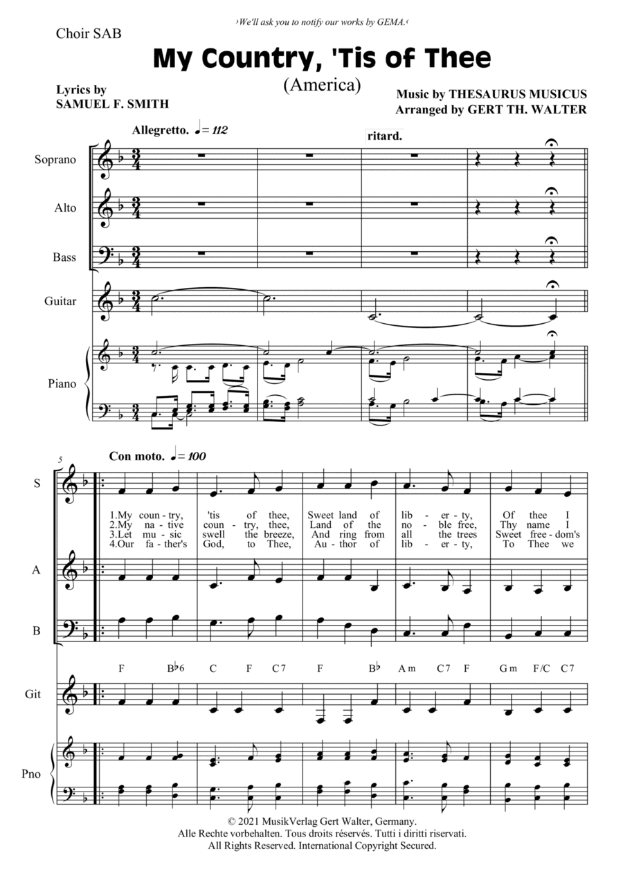 My Country, 'Tis Of Thee (America) (arr. Gert Th. Walter)