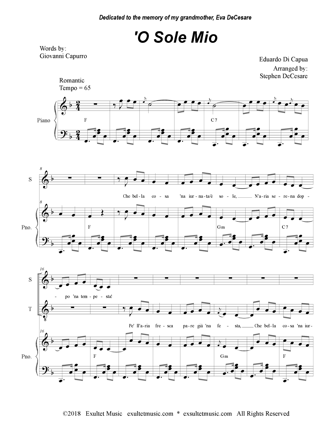 O Sole Mio (Duet for Soprano and Tenor Solo) (arr. Stephen DeCesare)