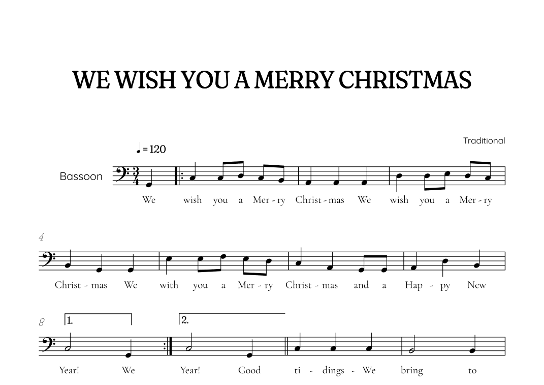 We Wish You a Merry Christmas for bassoon • easy Christmas sheet music (arr. Benzaiten Editions)