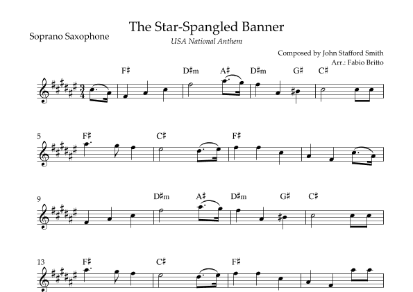 The Star Spangled Banner (USA National Anthem) for Soprano Saxophone Solo with Chords (E Major) (arr. Fabio Britto)
