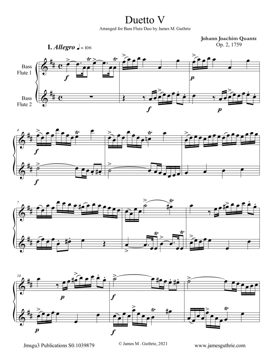 Quantz: Duetto Op. 2 No. 5 for Bass Flute Duo (arr. James M. Guthrie)
