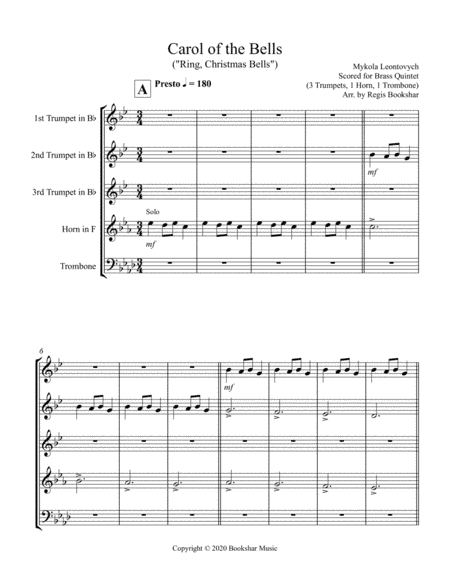 Carol of the Bells (F min) (Brass Quintet - 3 Trp, 1 Hrn, 1 Trb) (arr. Regis Bookshar)
