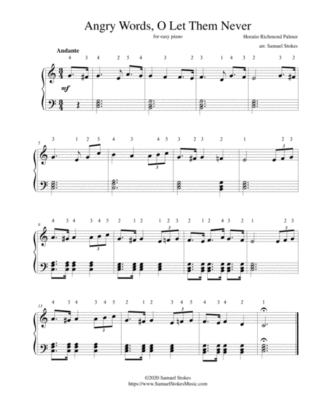 Angry Words, O Let Them Never - for easy piano (arr. Samuel Stokes)