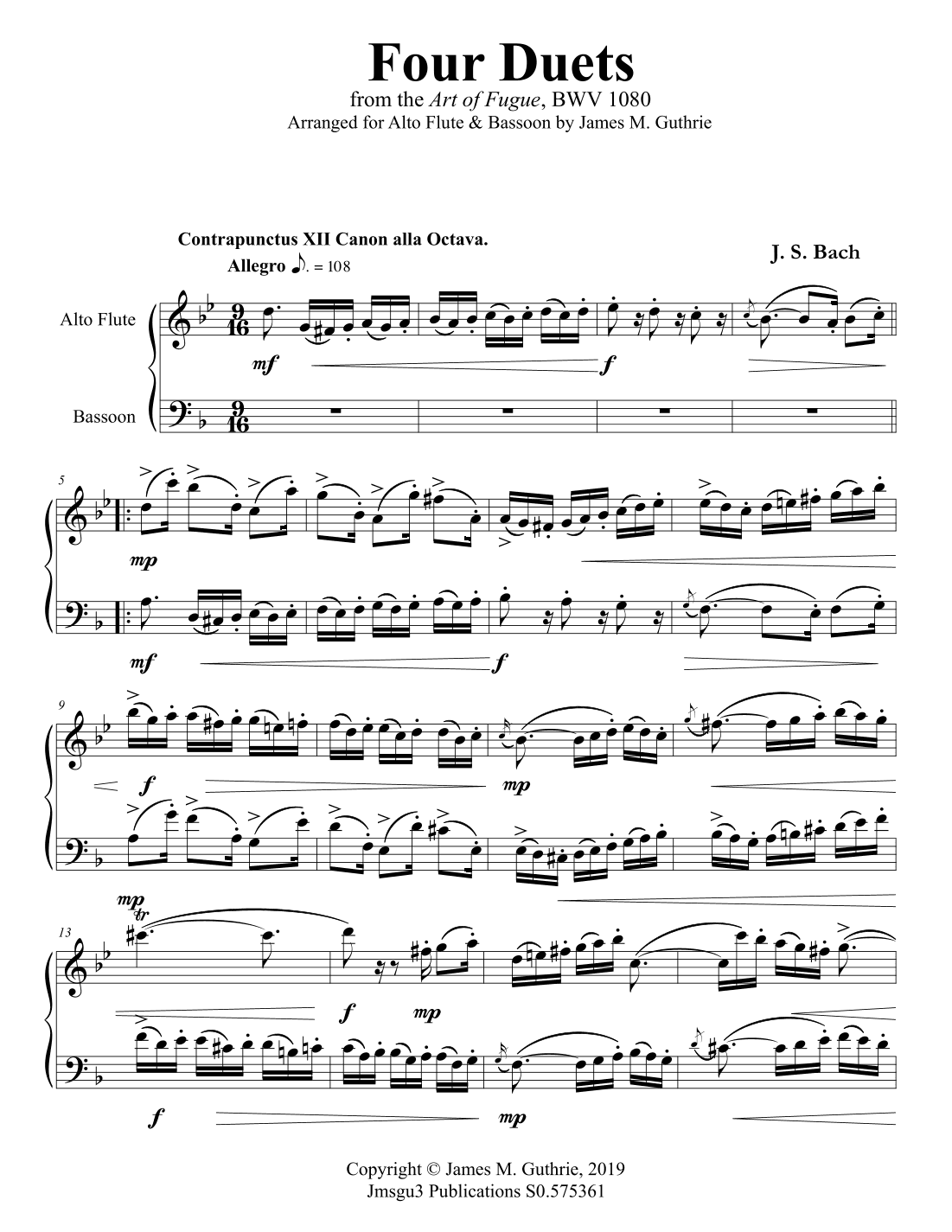 Bach: Four Duets from the Art of Fugue for Alto Flute & Bassoon (arr. James M. Guthrie)