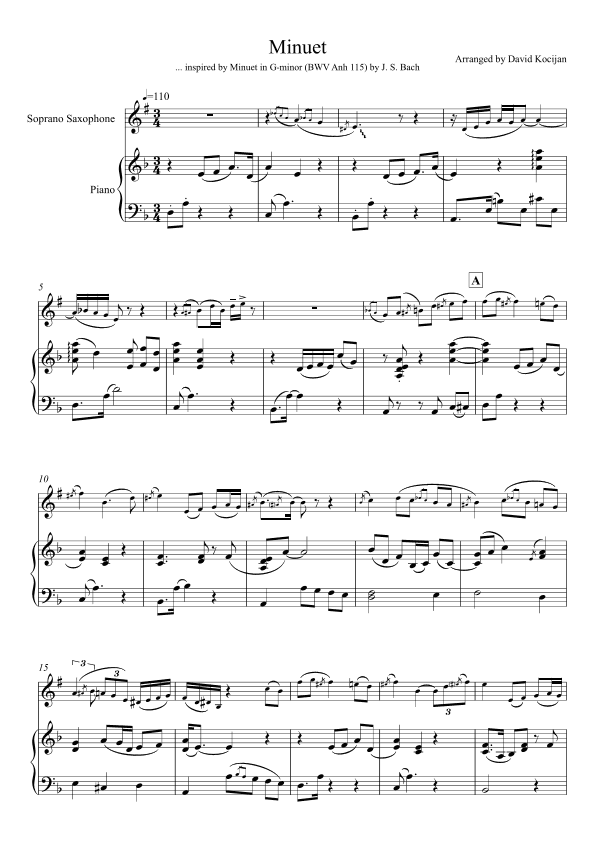 Minuet in G-minor, BWV Anh 115 (soprano sax & piano) (arr. David Kocijan)