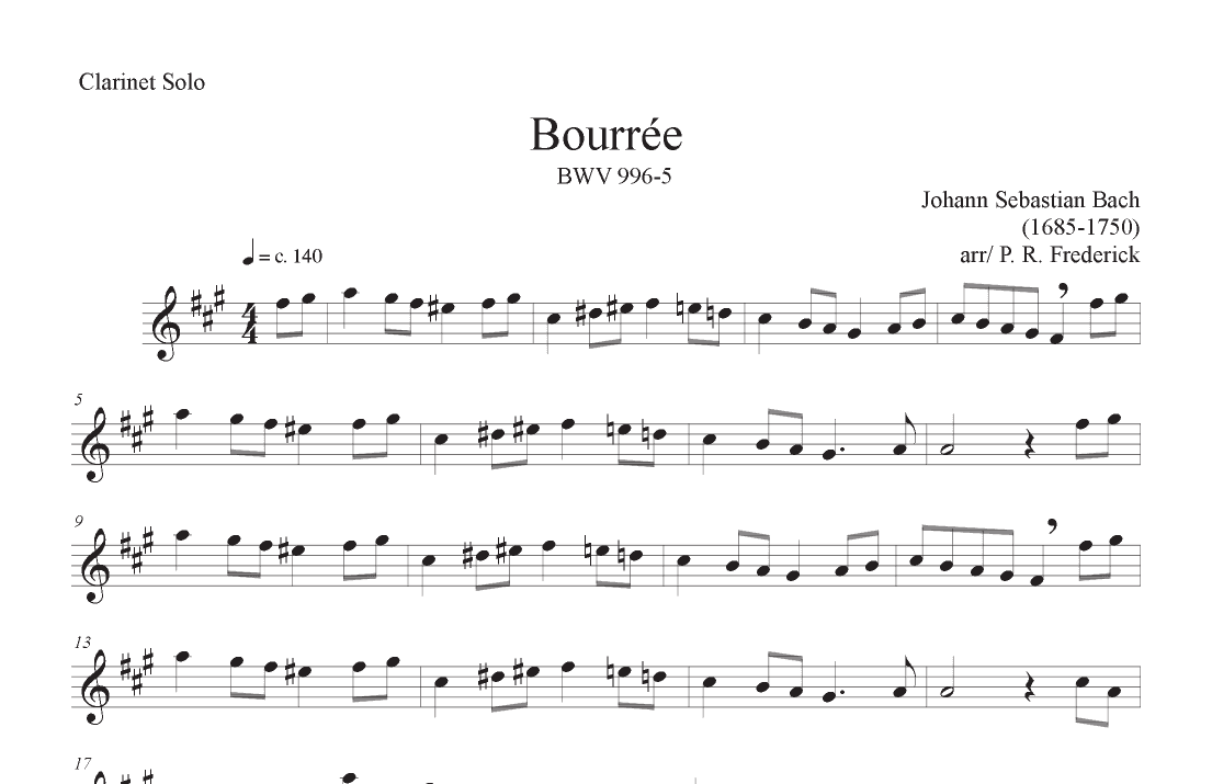 Bourrée BWV 996-5 (Clarinet Solo) (arr. P. R. Frederick)