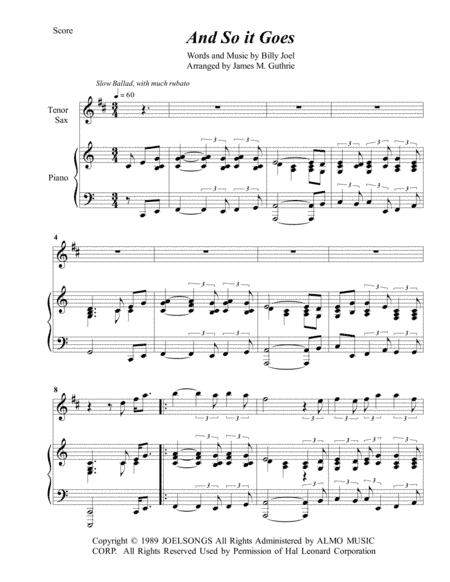 And So It Goes (arr. James M. Guthrie, ASCAP)