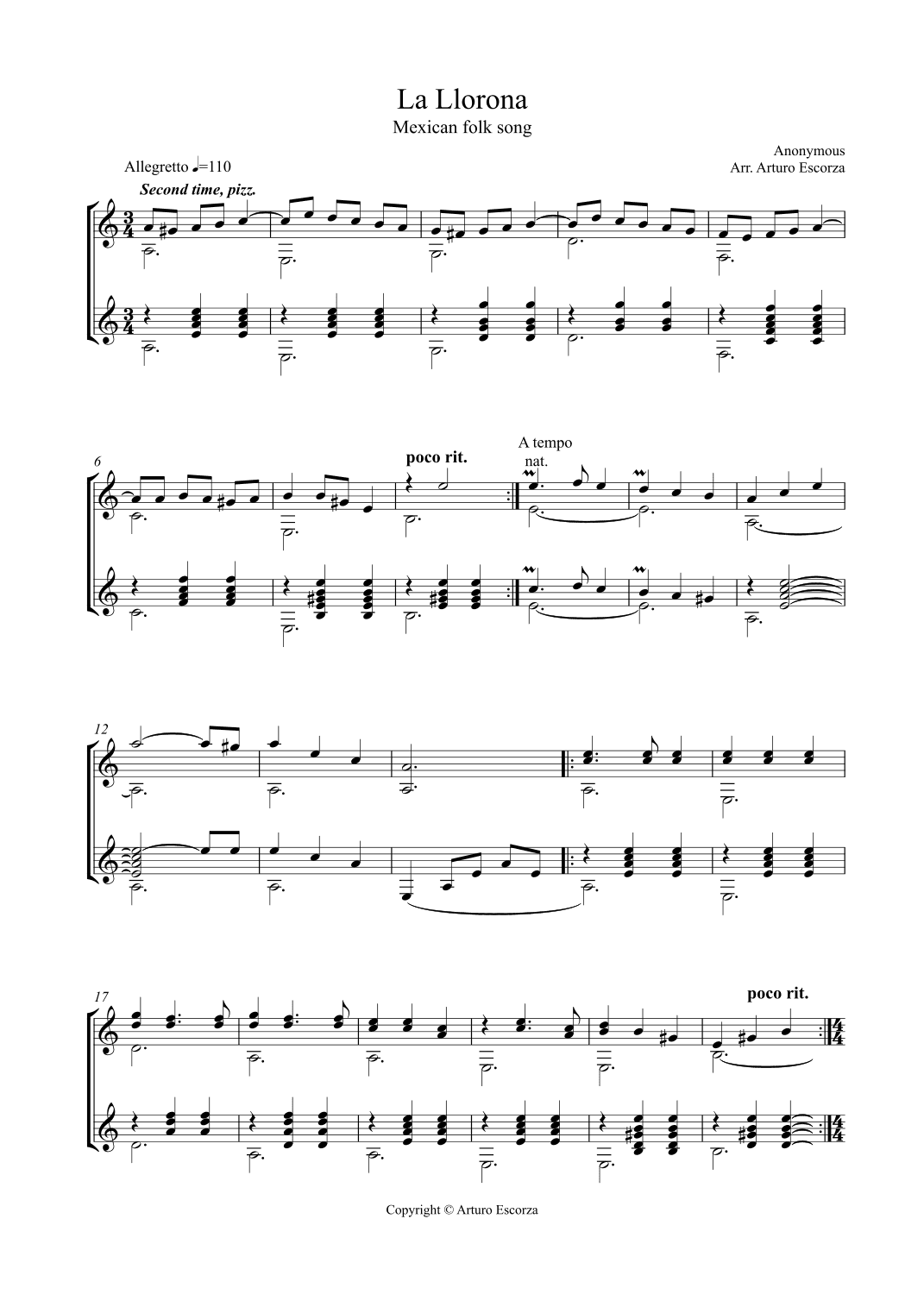 "La Llorona" for two guitars - Mexican folk song (arr. Arturo Escorza)