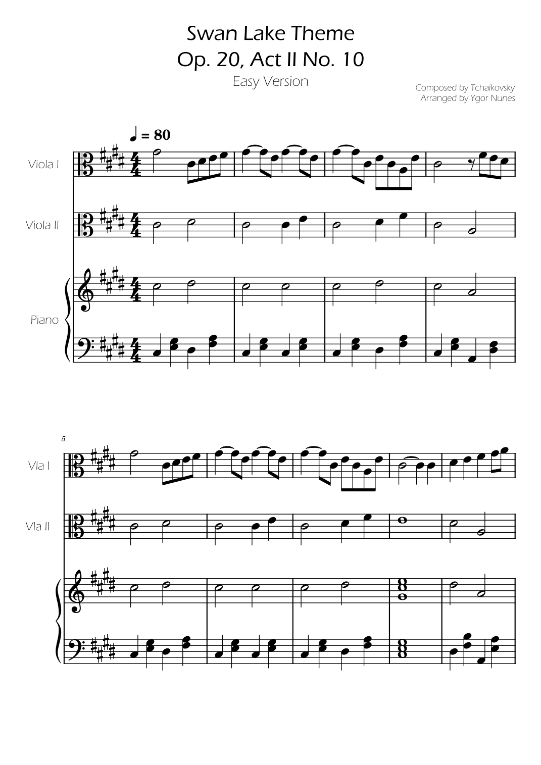 Swan Lake (theme) - Tchaikovsky - Viola Duet  w/ Piano Accompaniment (arr. Ygor Nunes)