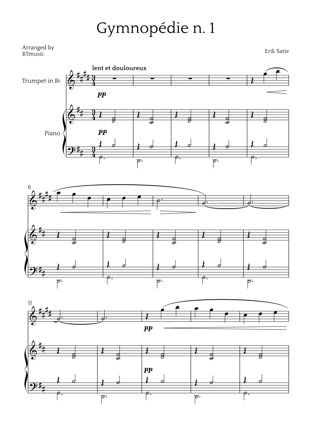 Gymnopédie N.1 - Trumpet in Bb and Piano (arr. BTmusic)