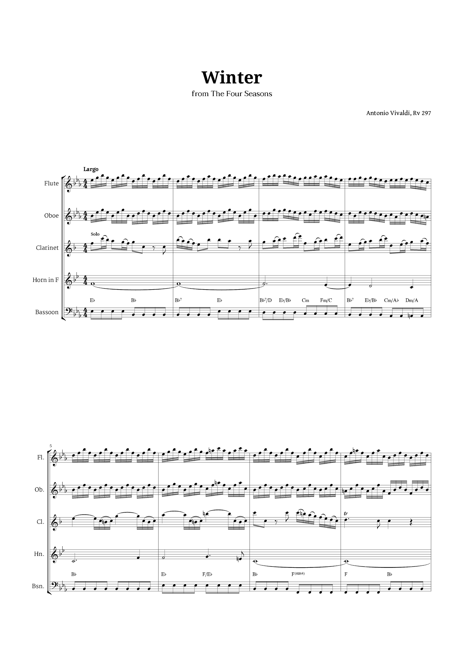Largo from Winter by Vivaldi for Woodwind Quintet with Chords (arr. Langanho)