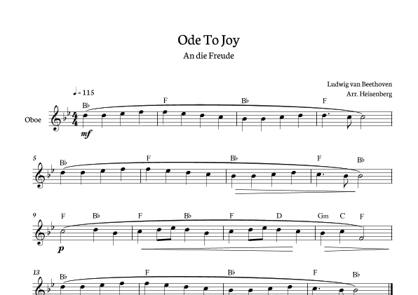 Beethoven - Ode To Joy for oboe in Bb with chords (arr. Heisenberg)