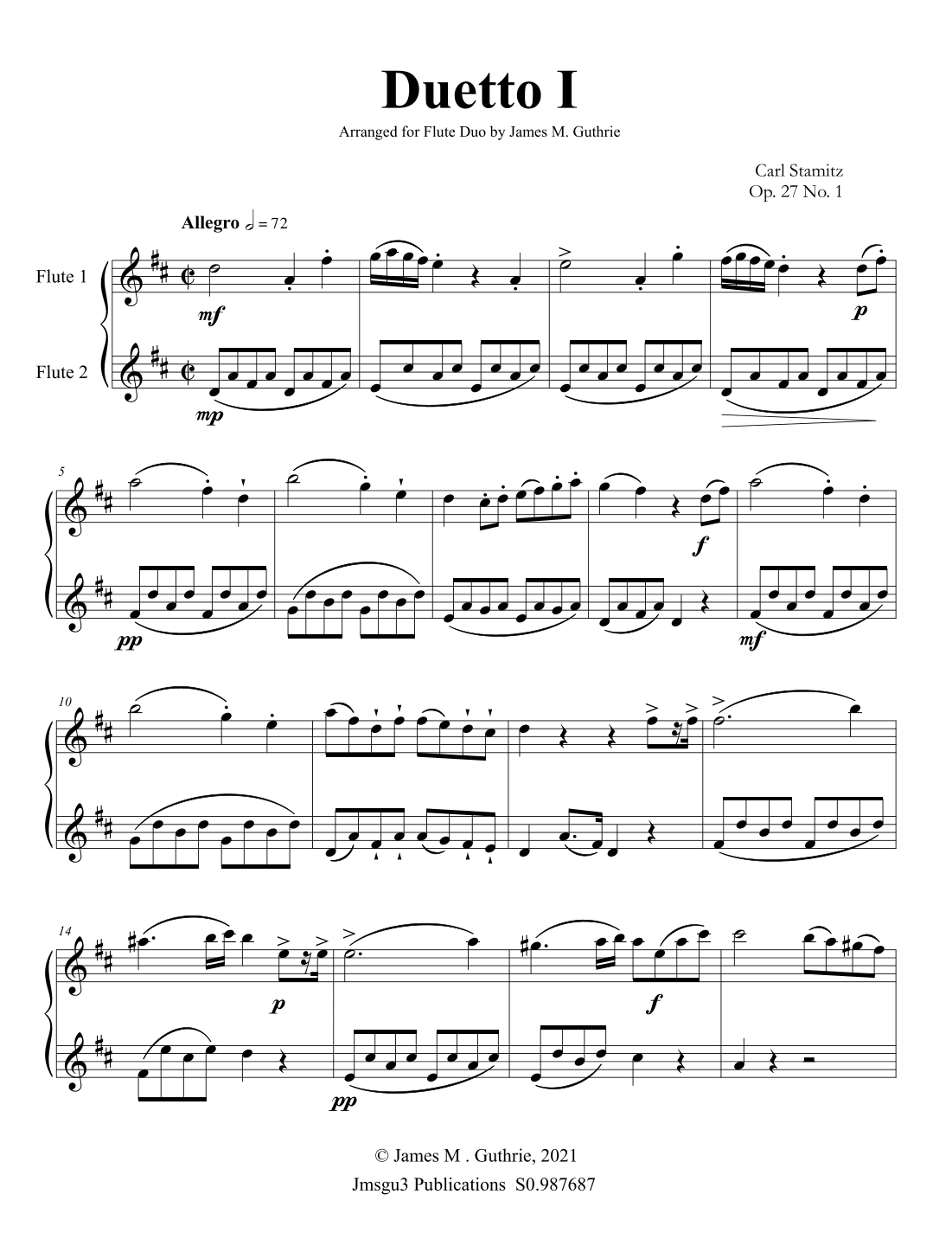 Stamitz: Duet Op. 27 No. 1 for Flute Duo (arr. James M. Guthrie)