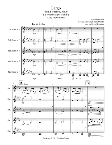 Largo (from "Symphony No. 9") ("From the New World") (Db) (French Horn Quintet) (arr. Regis Bookshar)