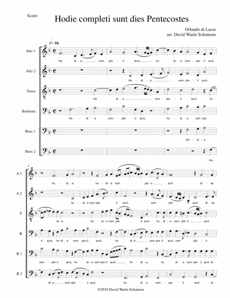Hodie completi sunt by Orlando di Lasso for AATBarBB (arr. David Warin Solomons)